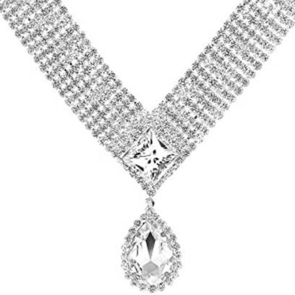 Rhinestone Necklace Bangle Bracelet Crystal Teardrop Dangle Earrings Set Bridal - Picture 4 of 7